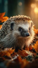 Hedgehog foraging in vibrant autumn leaves with soft sunlight illuminating the forest background
