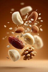Healthy Ingredients Mix, Floating Banana Slices and Nuts, Oats and Dates in Motion, Nutritious Food Composition, Brown Gradient Background