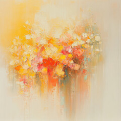 Abstract painting with yellow orange and red floral shapes