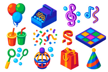 Bubble Party Extravaganza. Isometric vector illustration set Bubble Party: bubble balloons, bubble machine, neon lights, dance