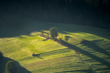 A shepherd guarding his sheep during sunrise in the Tatra Mountains in Poland. Sharp, elongated shadows and beautiful mountain greenery.