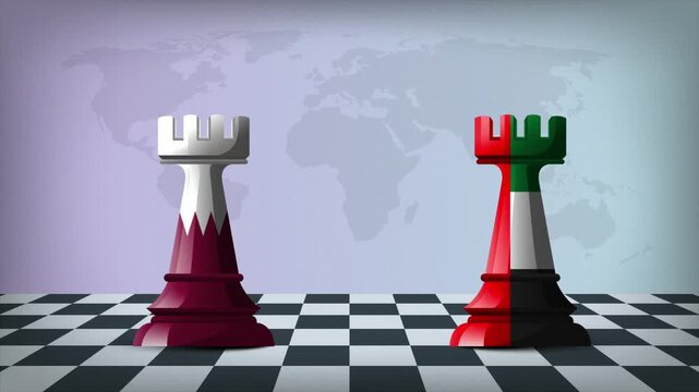 Two Standing Rooks Representing UAE vs Qatar with Flags on Bodies and World Map in Background
