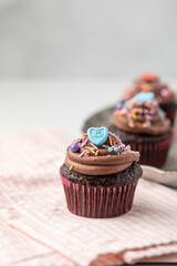 Chocolate Cupcakes with Chocolate Buttercream Icing with Valentine Day Sprinkles on a White Background with Copy Space