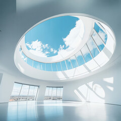 Bright room with circular skylight and large windows view