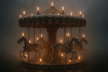 Gothic carousel of skeletal horses with skull decorations and glowing candles in heavy mist, eerie fantasy carousel concept