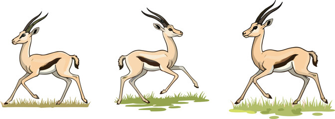 Gazelle illustration, graceful animal movement, desert wildlife pose, cartoon gazelle walking, nature theme, vector drawing, horned mammal, savanna character, running gazelle