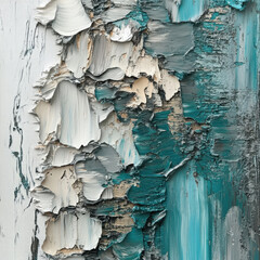 Abstract painting with thick white and teal color strokes