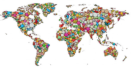 Obraz premium Global healthcare and pharma illustration; world map composed of pills, capsules, and supplements; Symbolic design representing international pharmaceutical reach and modern medical concepts