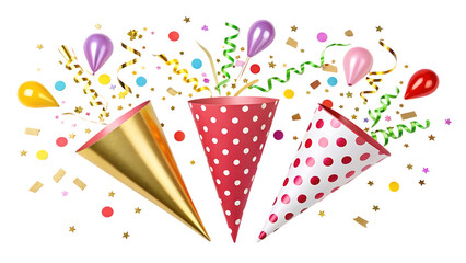 Vibrant celebration scene with party poppers confetti balloons and streamers isolated on transparent background