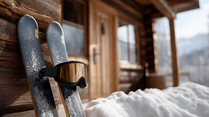Obraz premium After a day on the slopes skis and goggles rest against a lodge wall the skis' bases caked with snow edges nicked and the goggles' lens fogged strap stretched. A wooden lodge
