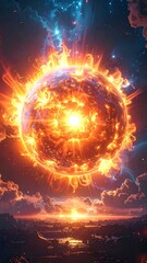 Fiery celestial orb over a sunrise landscape