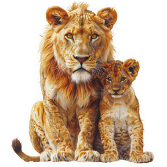 Obraz premium A heartwarming portrait of a majestic lion and its adorable cub, isolated on transparent background, showcasing the tender bond between parent and offspring