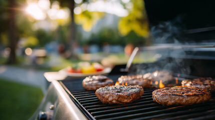 A group of friends barbecues in a park with grills smoking burgers sizzling a cooler of drinks open and a breeze rustling trees presented in a savory photo with meat char ice