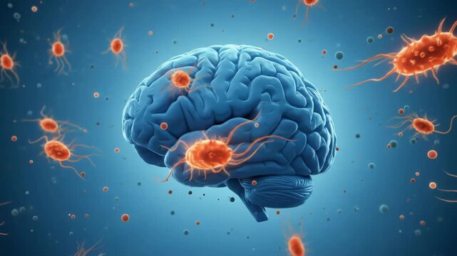 Blue brain surrounded by orange microorganisms naegleria fowleri amoeba on a light blue gradient plain presentation view