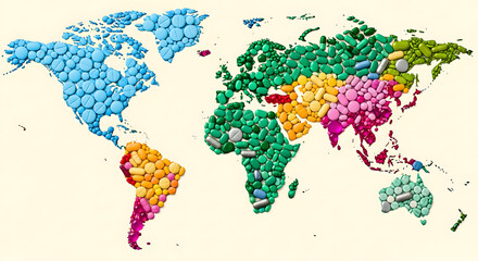 Fototapeta premium Global healthcare and pharma illustration; world map composed of pills, capsules, and supplements; Symbolic design representing international pharmaceutical reach and modern medical concepts