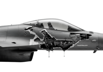 Monochromatic F-16 jet fuselage dramatically torn open, revealing glistening intricate internal mechanisms, oozing hydraulic fluid, wires in extreme macro, industrial engineering marvel