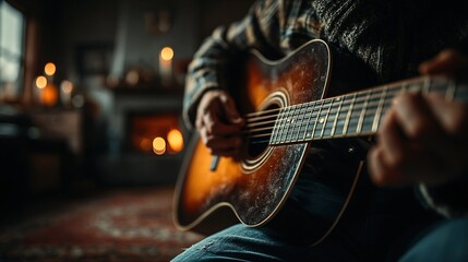 Obraz premium Person strumming acoustic guitar in dimly lit room with fireplace in the background