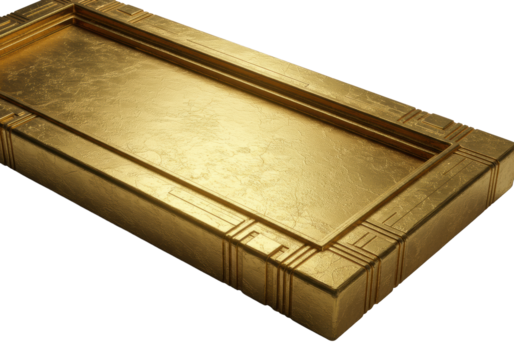 Luxurious Art Deco gold frame, intricate geometric patterns, razor-sharp edges, polished, macro close-up, low-angle, dramatic studio light, transparent background, concept of intricate luxury design