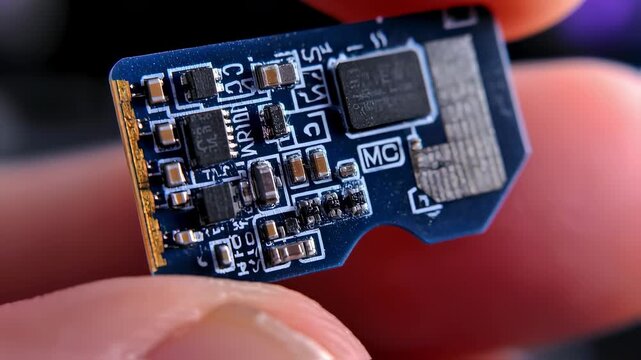 Detailed view of a microSD memory card held between fingers with the card in sharp focus against a softly blurred background showcasing portability for mobile devices.