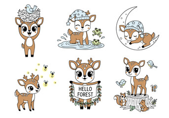 Cute Baby Deer Forest Scenes Vector Set – Hand Drawn Cartoon Fawns with Birds, Fireflies, Critters, Moon, and Puddles in Whimsical Pastel Style