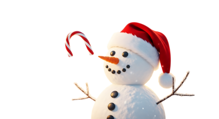 Snowman with santa hat and candy cane isolated on transparent background for christmas