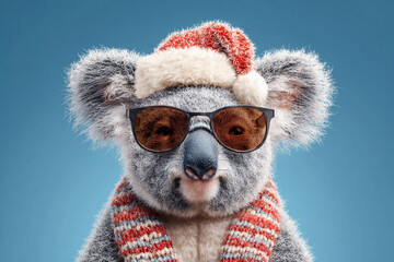 Cool Koala in Santa hat sunglasses and scarf ready for winter holidays