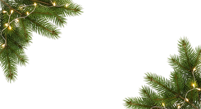 Christmas tree branch with fairy light isolated on transparent background for decoration