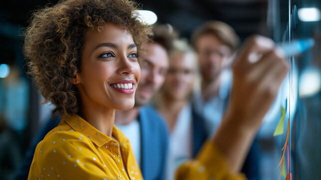Black woman presenting a sales growth plan with a marker on a glass board to a diverse team in a stylish office, Black female specialist sales, diverse team office meeting, mindmap