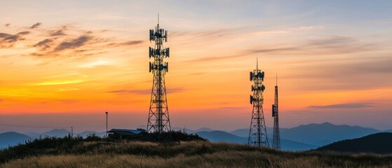 Obraz premium Communication towers at sunset hilltop silhouette with warm sky hues