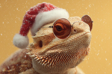 Festive lizard wearing a Santa hat and sunglasses in snowy scene
