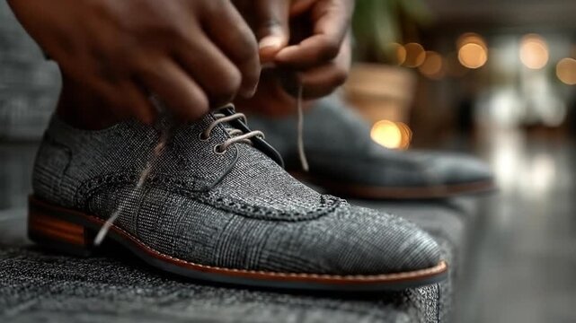 Man tying shoelaces gray brogues