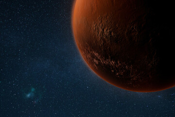 Close-up view of the planet Mars with detailed surface textures, craters, and rocky formations against a starry outer space background. Perfect for science, astronomy, and space exploration themes.
