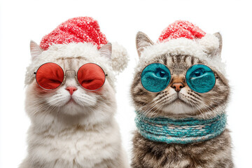 Two cats wearing Santa hats and sunglasses for Christmas