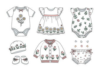 Floral Baby Accessories Vector Set – Hand Drawn Cute Headband, Bib, Mittens, Bootie, Scarf, and Pacifier Clip with Pastel Blossoms and Botanical Details (2)