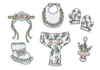 Floral Baby Accessories Vector Set – Hand Drawn Cute Headband, Bib, Mittens, Bootie, Scarf, and Pacifier Clip with Pastel Blossoms and Botanical Details (1)