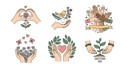 Gratitude Hands Vector Illustration Set – Hand Drawn Doodle Style Scenes with Hearts, Flowers, Butterflies, and Uplifting Gestures in Pastel Accents