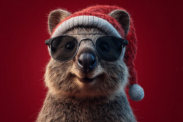 Cute quokka wearing a Santa hat and sunglasses on red background