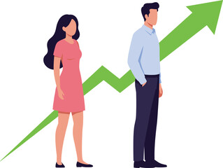 Businessman and businesswoman standing with upward green arrow, career growth concept, teamwork success, financial progress, corporate achievement, professional development illustration