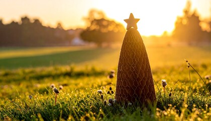 Miniature tree in a grassy field at sunrise