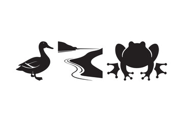 Silhouette of a duck and frogs by a wavy water surface