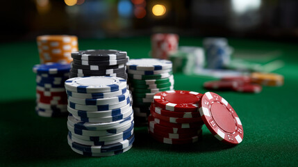 Close-up of poker chips stacked high on a green felt casino table.