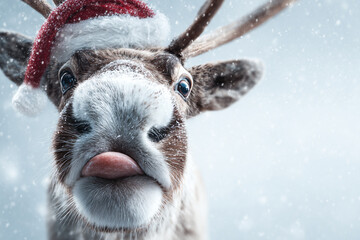Playful reindeer close up wearing Santa hat snowy background sticking tongue out