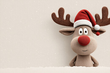 Cute reindeer in Santa hat peeking over snow snowy background winter holiday