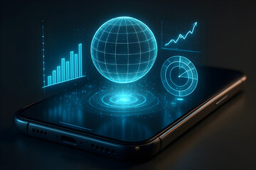 Cutting-Edge Holographic Globe and Data Analytics Display on Modern Smartphone Interface