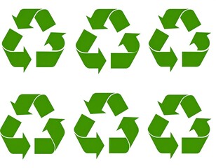 Obraz premium Six green recycle symbols on a white background