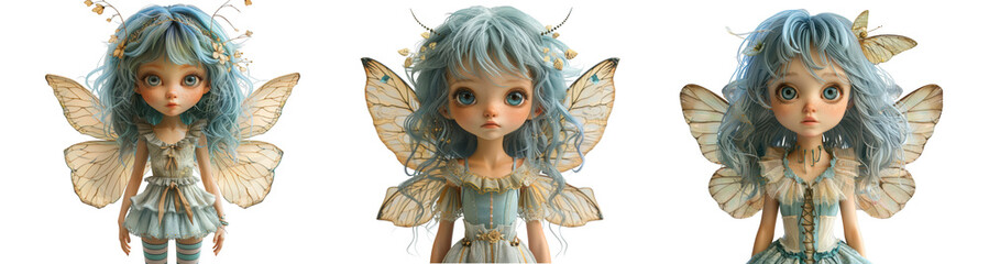 Fototapeta premium Three whimsical fairy dolls with blue hair and delicate wings, isolated on transparent background