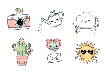 Whimsical Kawaii Object Characters Vector Set – Hand Drawn Cute Camera, Watering Can, Cloud Pillow, Cactus, Envelope, and Sun with Pastel Accents (1)