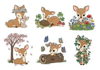 Whimsical Baby Deer Vector Set – Hand Drawn Cartoon Fawns with Flowers, Animals, Butterflies, and Forest Scenes in Soft Pastel Illustration Style