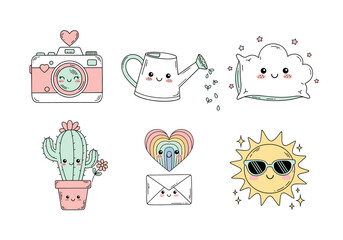 Whimsical Kawaii Object Characters Vector Set – Hand Drawn Cute Camera, Watering Can, Cloud Pillow, Cactus, Envelope, and Sun with Pastel Accents (2)