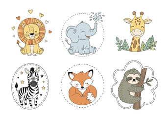 Wild Baby Animals Panel Vector Set – Hand Drawn Cartoon Lion, Elephant, Giraffe, Zebra, Fox, and Sloth in Rounded Frames with Pastel Accents (2)
